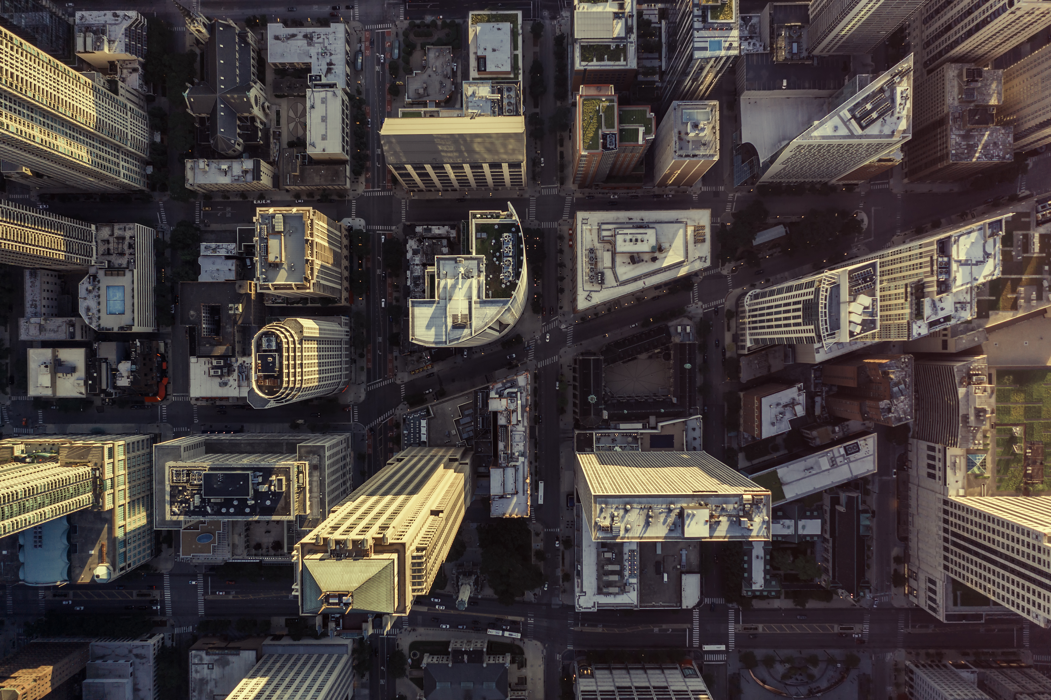 Overhead aerial view of downtown city streets